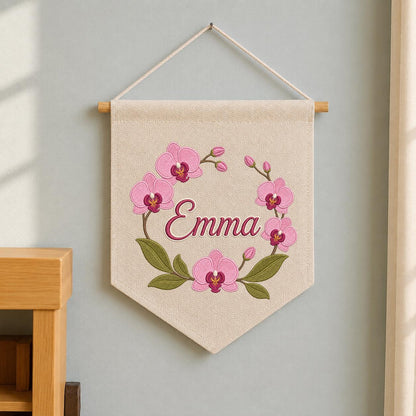 Personalized Embroidered Orchid Wreath Banner, Custom Name Nursery Decor