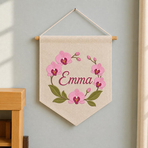 Personalized Embroidered Orchid Wreath Banner, Custom Name Nursery Decor
