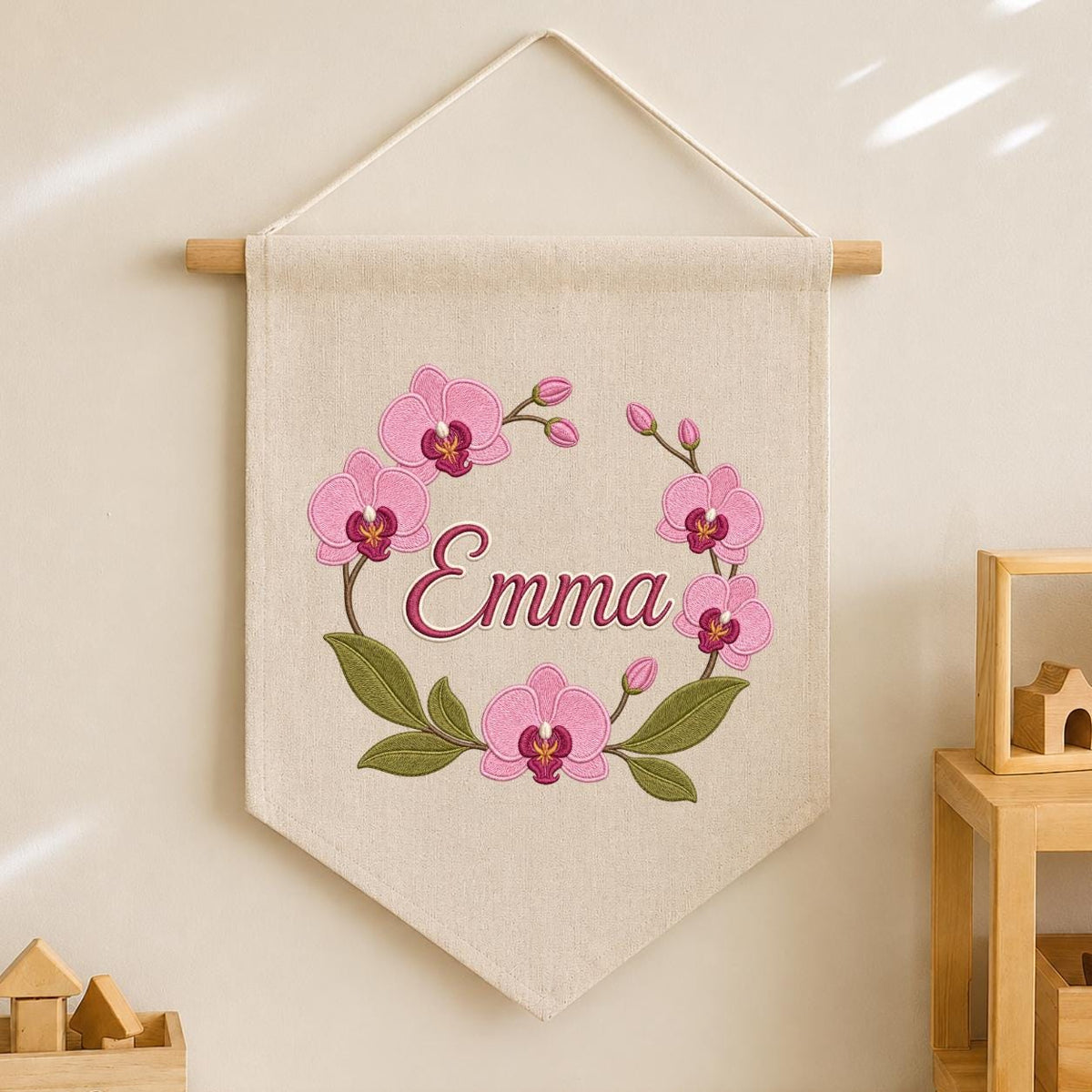 Personalized Embroidered Orchid Wreath Banner, Custom Name Nursery Decor
