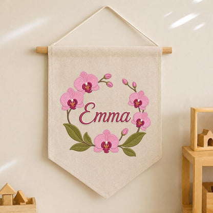 Personalized Embroidered Orchid Wreath Banner, Custom Name Nursery Decor