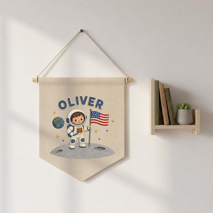 Personalized Astronaut Linen Banner, Custom Name Embroidered Wall Hanging