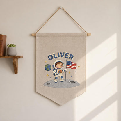 Personalized Astronaut Linen Banner, Custom Name Embroidered Wall Hanging