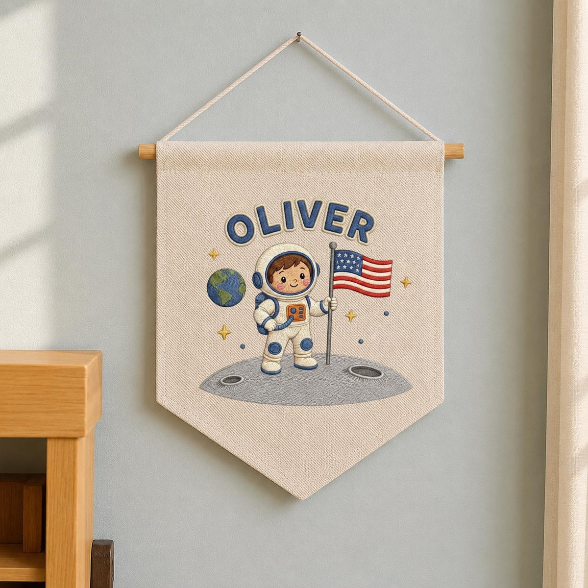 Personalized Astronaut Linen Banner, Custom Name Embroidered Wall Hanging