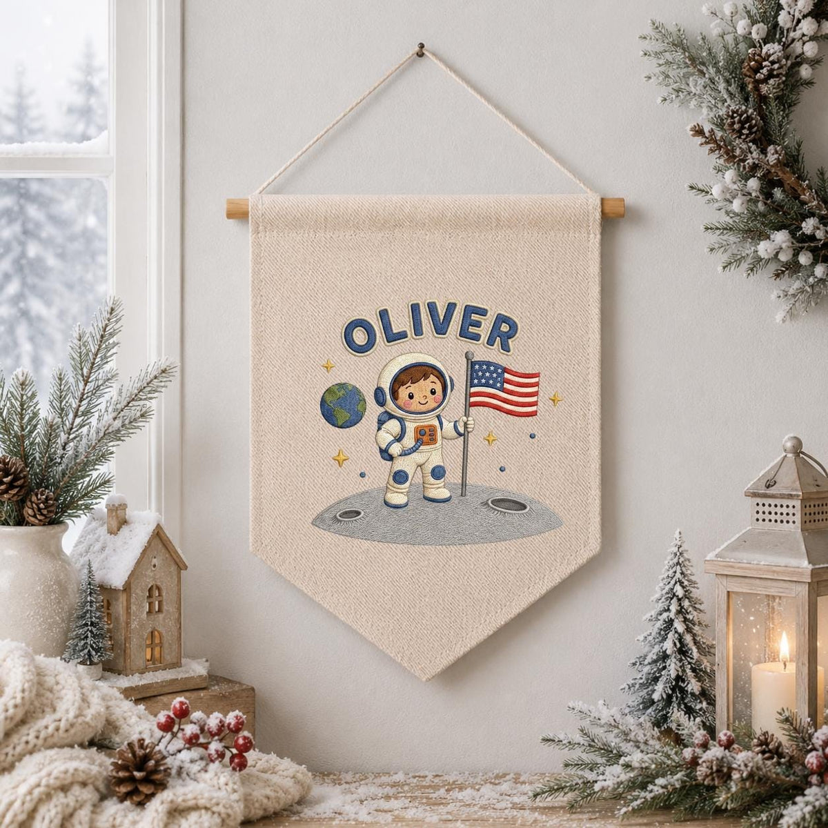 Personalized Astronaut Linen Banner, Custom Name Embroidered Wall Hanging