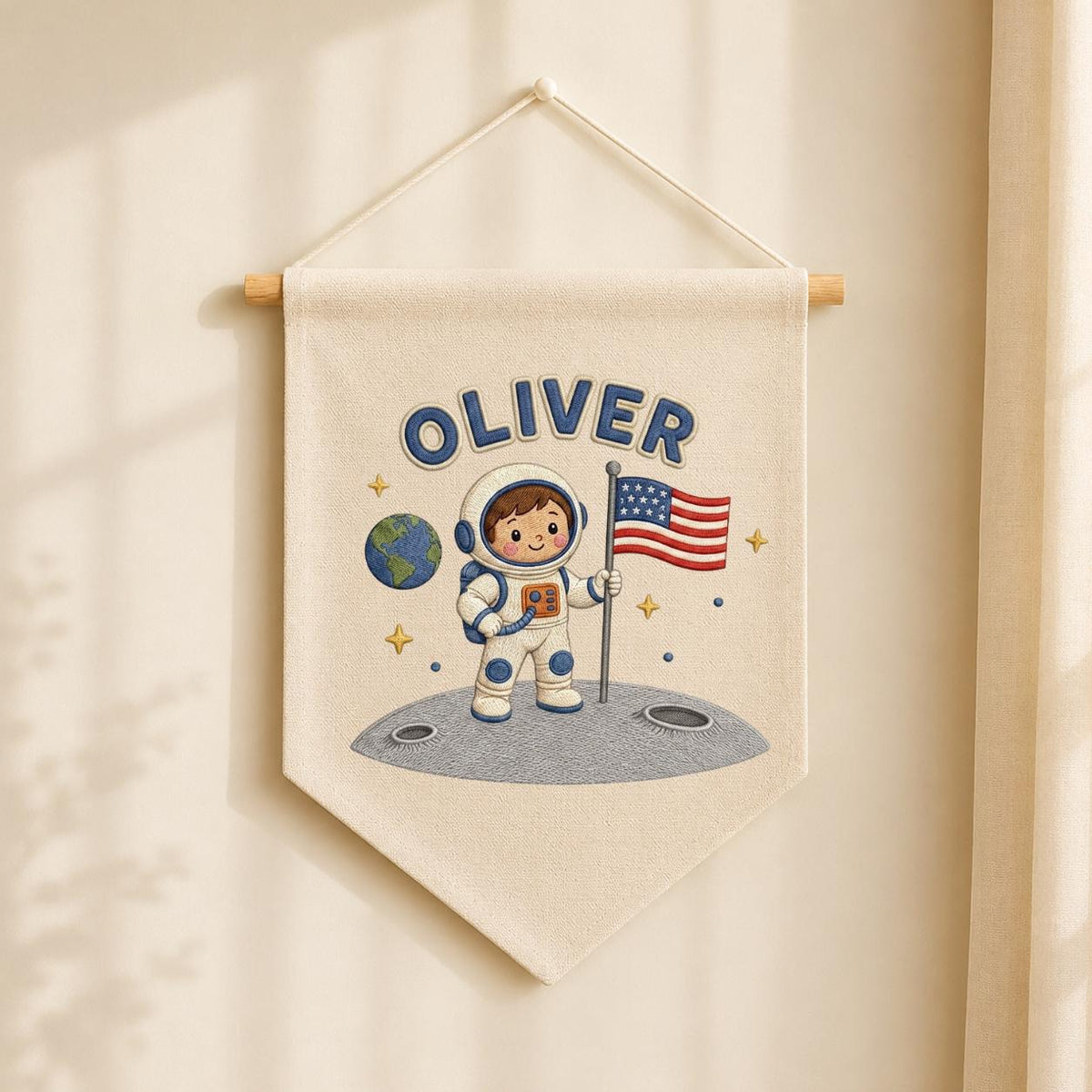 Personalized Astronaut Linen Banner, Custom Name Embroidered Wall Hanging