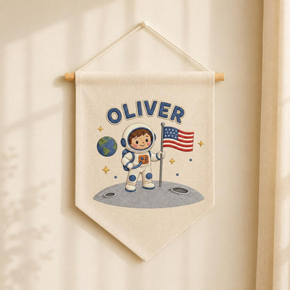 Personalized Astronaut Linen Banner, Custom Name Embroidered Wall Hanging