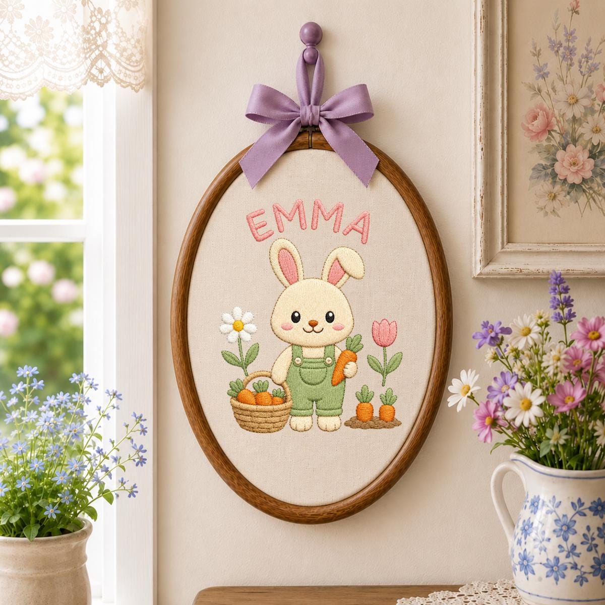 Personalized Embroidered Bunny Hoop Art, Custom Name Nursery Decor