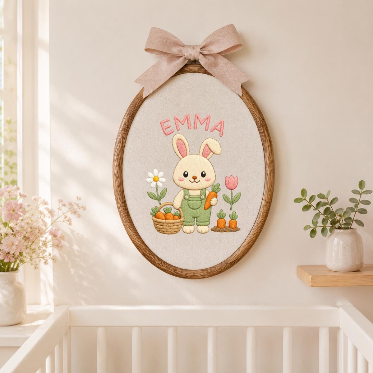 Personalized Embroidered Bunny Hoop Art, Custom Name Nursery Decor
