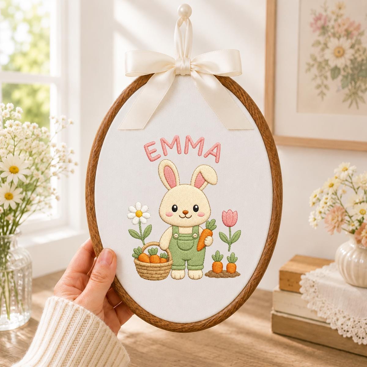 Personalized Embroidered Bunny Hoop Art, Custom Name Nursery Decor