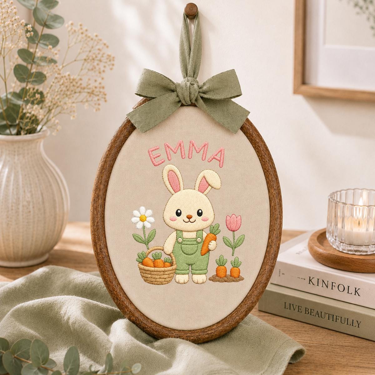 Personalized Embroidered Bunny Hoop Art, Custom Name Nursery Decor