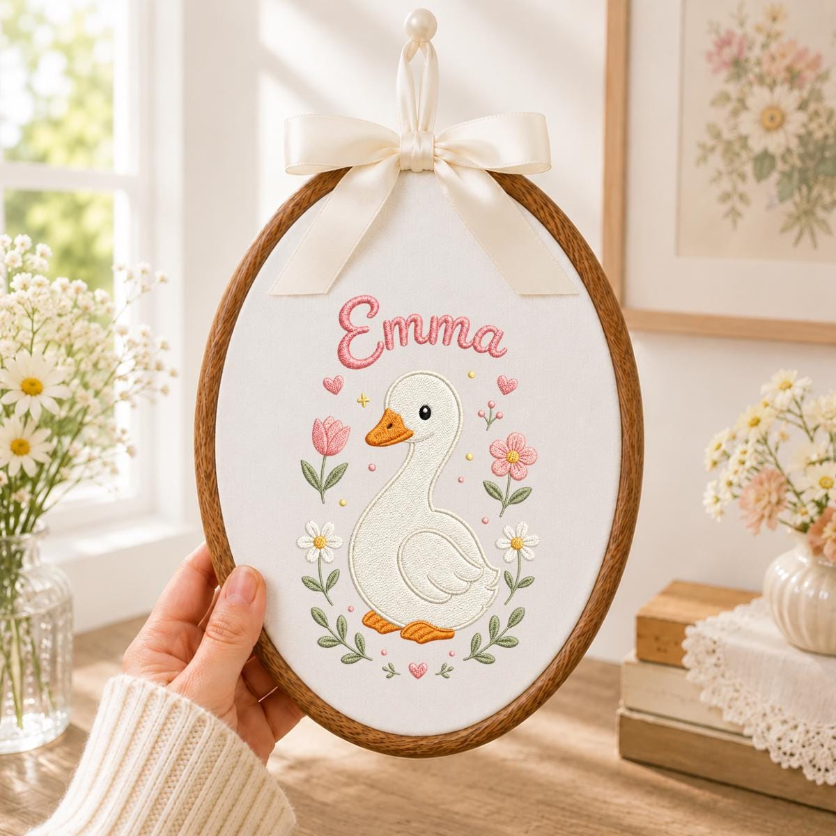 Personalized Embroidered Goose Hoop Art, Custom Name Nursery Decor