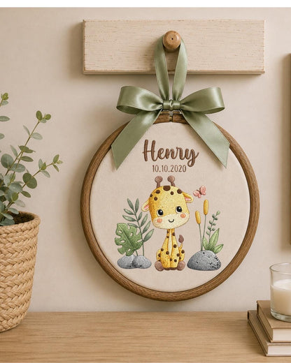 Personalized Giraffe Embroidery Hoop, Custom Baby Name Ornament, Nursery Wall Decor, Birth Date Keepsake, Baby Shower Gift