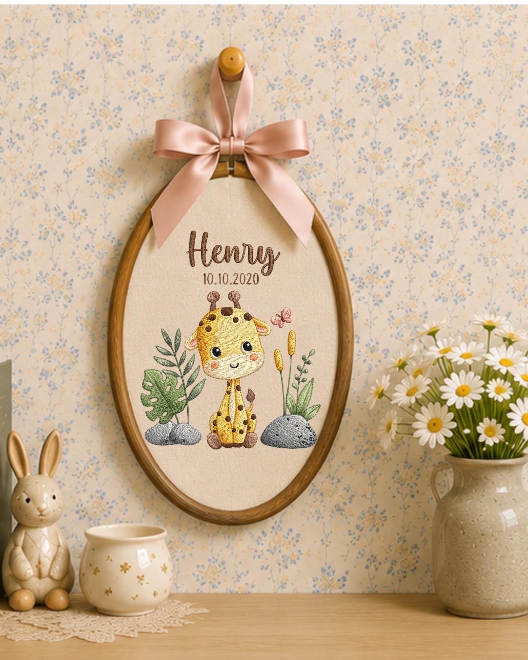 Personalized Giraffe Embroidery Hoop, Custom Baby Name Ornament, Nursery Wall Decor, Birth Date Keepsake, Baby Shower Gift