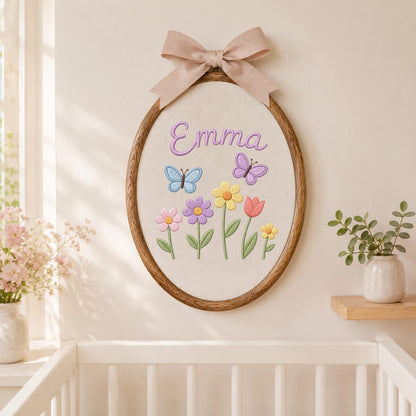 Personalized Embroidered Hoop Art, Butterfly Floral Nursery Name Sign