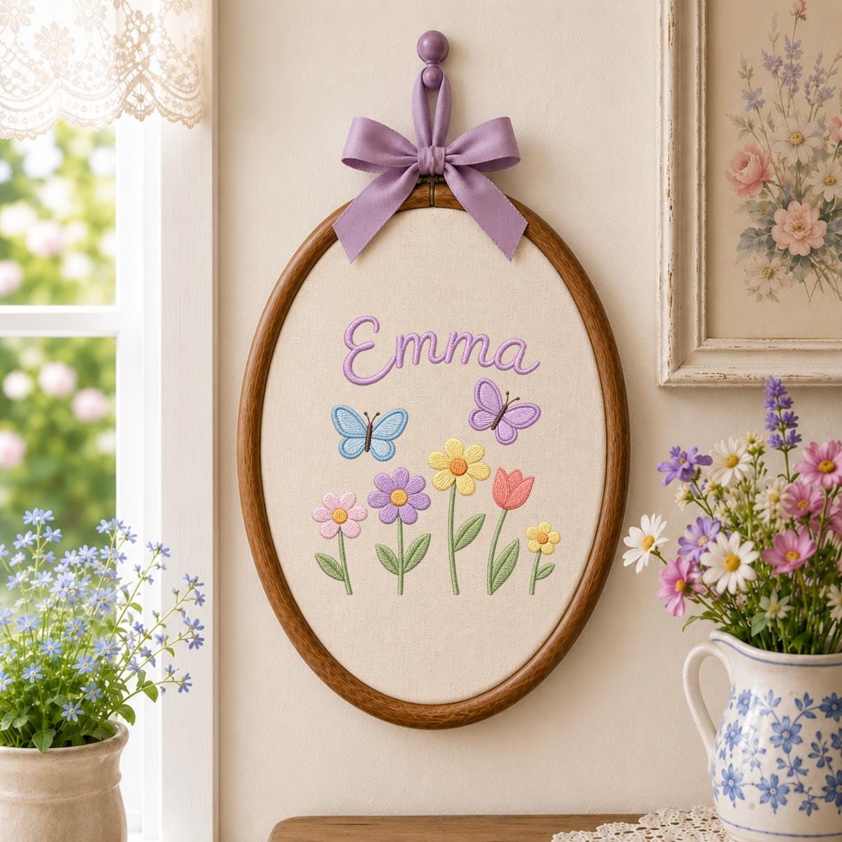 Personalized Embroidered Hoop Art, Butterfly Floral Nursery Name Sign