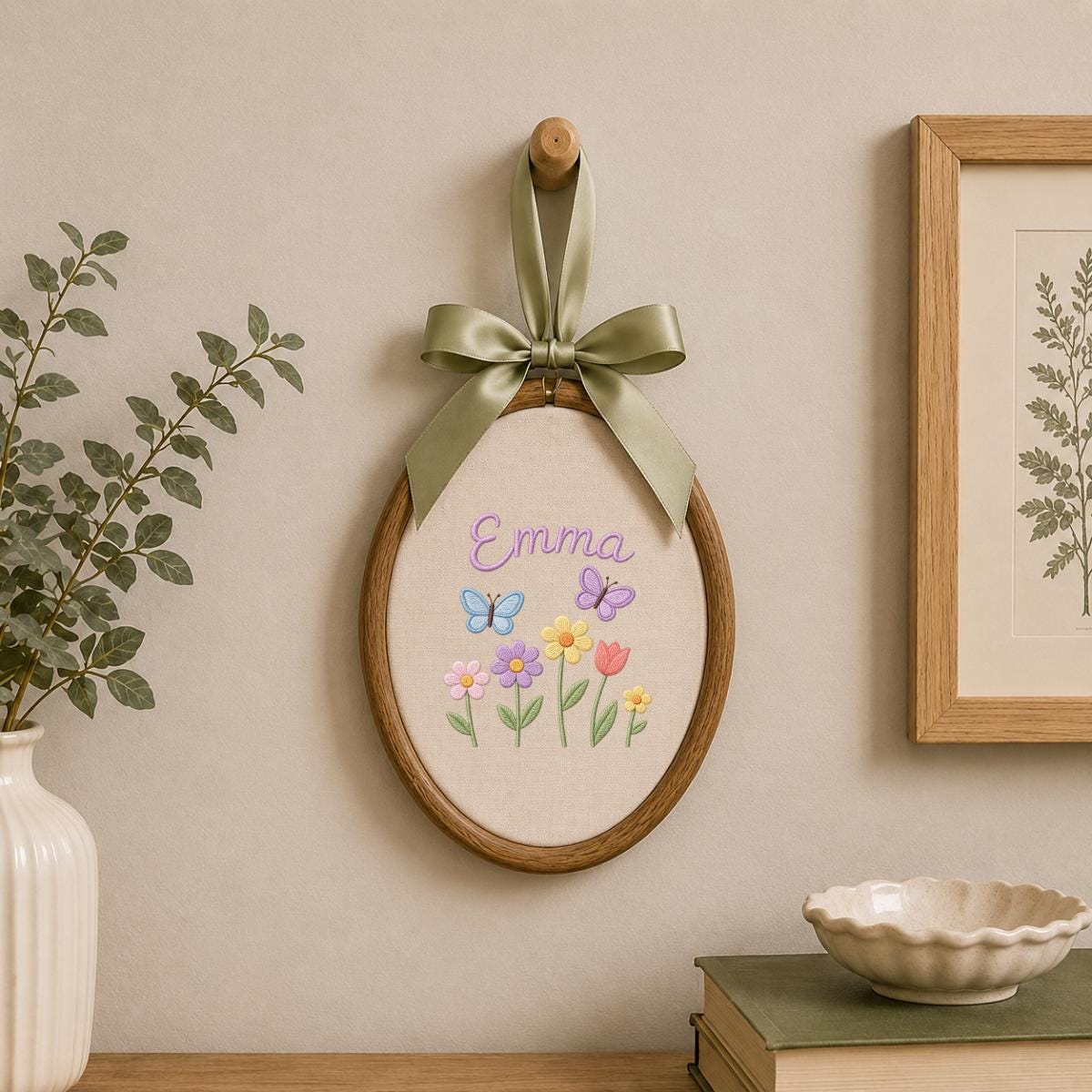 Personalized Embroidered Hoop Art, Butterfly Floral Nursery Name Sign