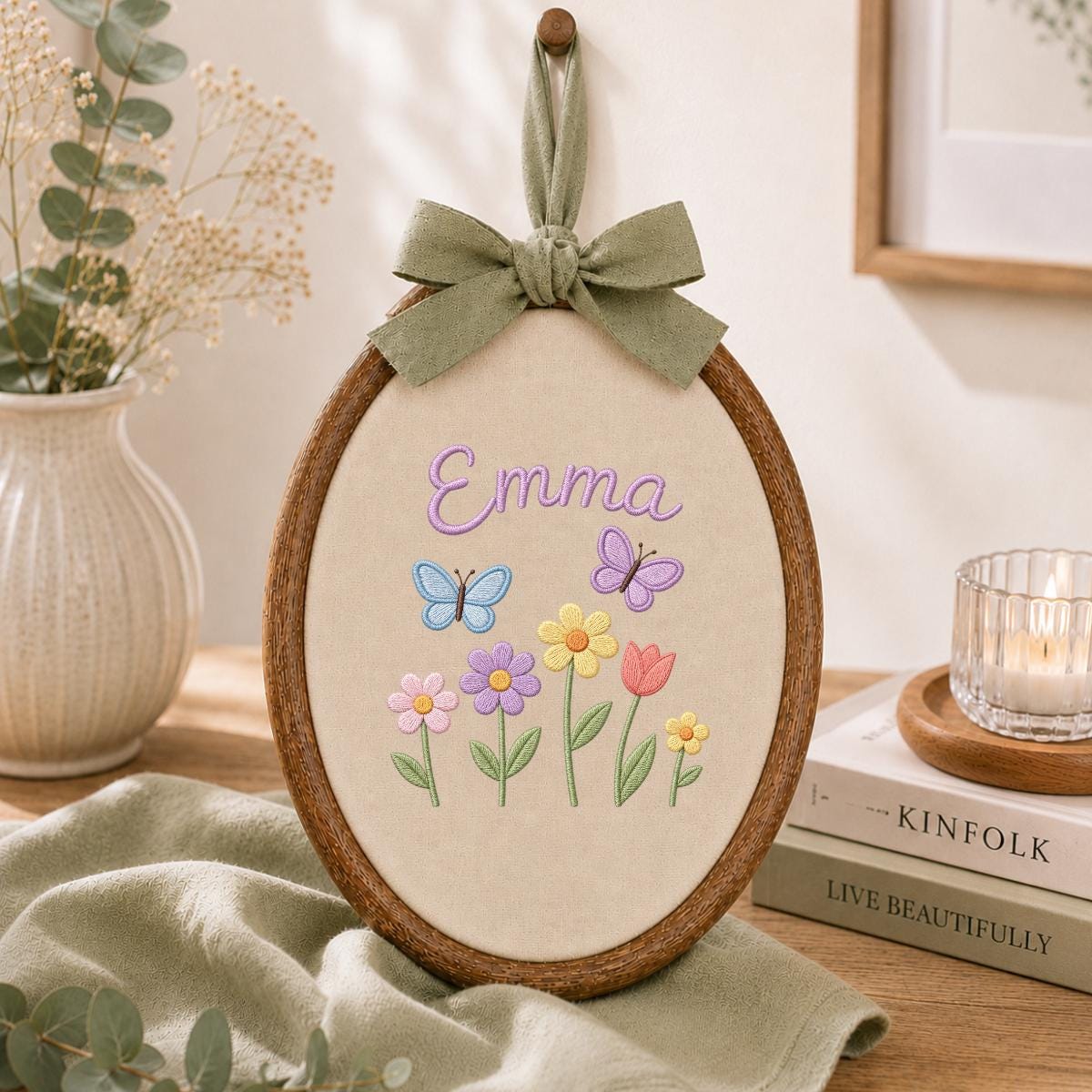 Personalized Embroidered Hoop Art, Butterfly Floral Nursery Name Sign