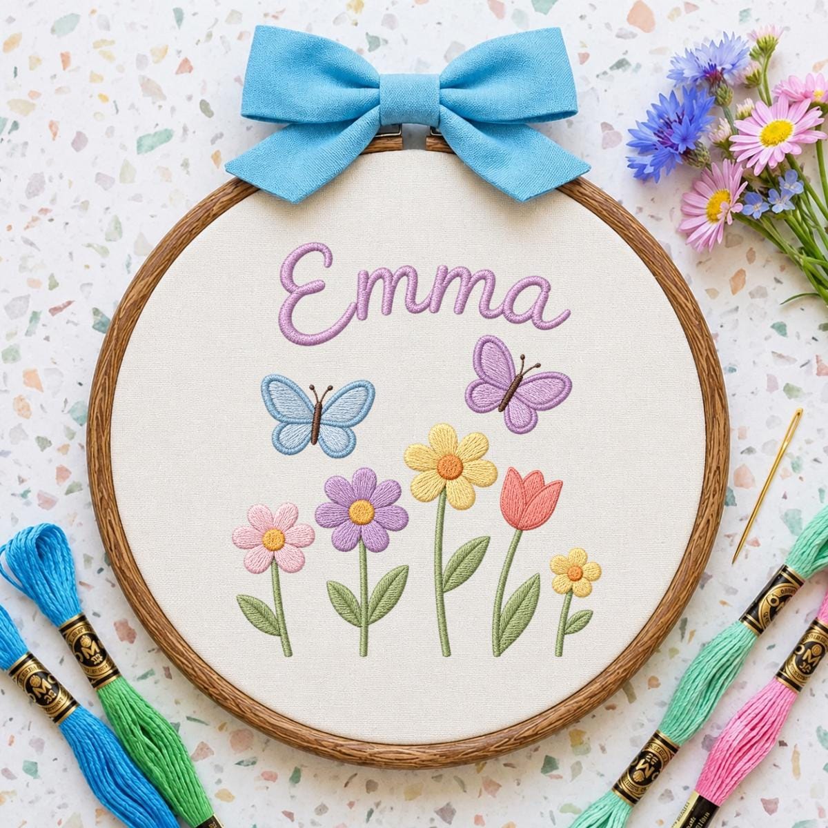 Personalized Embroidered Hoop Art, Butterfly Floral Nursery Name Sign