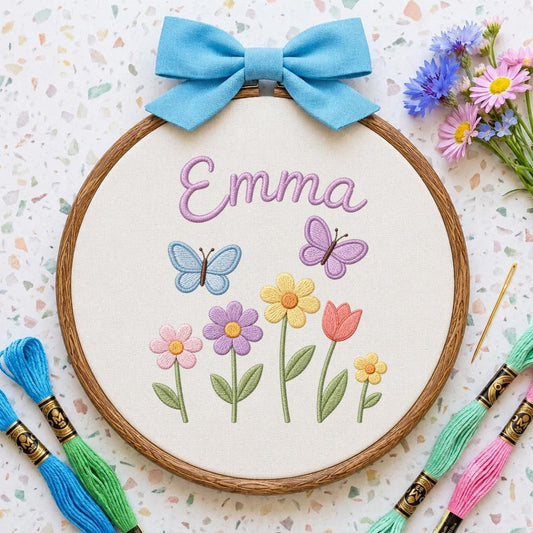 Personalized Embroidered Hoop Art, Butterfly Floral Nursery Name Sign