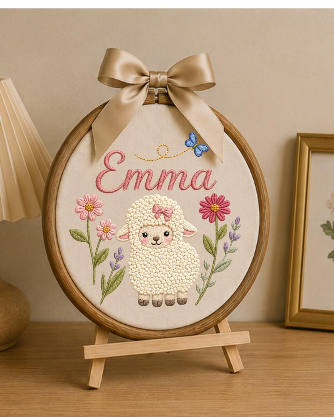 Personalized Lamb Embroidery Hoop, Custom Baby Name Ornament, Floral Nursery Wall Decor, Baby Girl Room Decor, Newborn Gift
