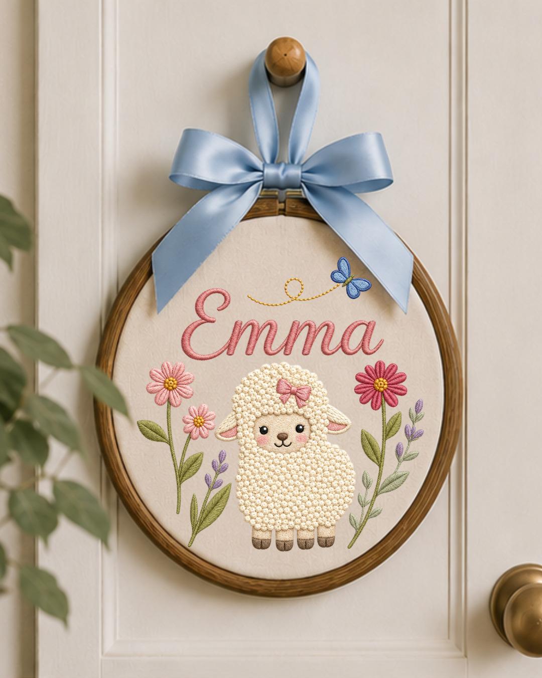 Personalized Lamb Embroidery Hoop, Custom Baby Name Ornament, Floral Nursery Wall Decor, Baby Girl Room Decor, Newborn Gift