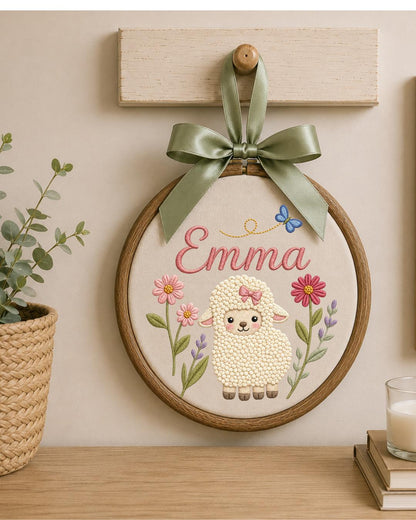 Personalized Lamb Embroidery Hoop, Custom Baby Name Ornament, Floral Nursery Wall Decor, Baby Girl Room Decor, Newborn Gift