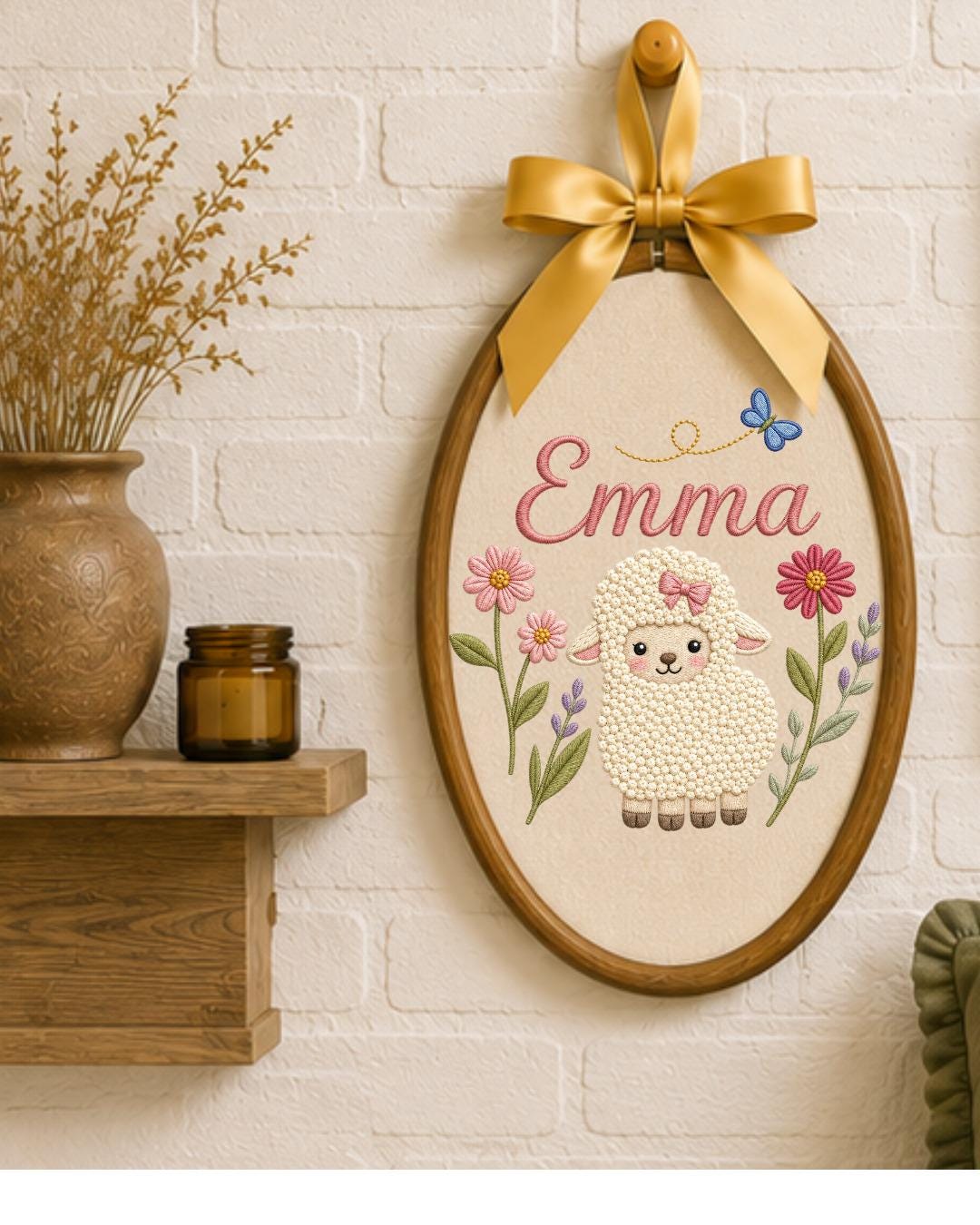 Personalized Lamb Embroidery Hoop, Custom Baby Name Ornament, Floral Nursery Wall Decor, Baby Girl Room Decor, Newborn Gift
