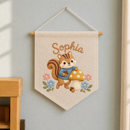 Personalized Embroidered Squirrel Name Banner, Woodland Nursery Wall Hanging