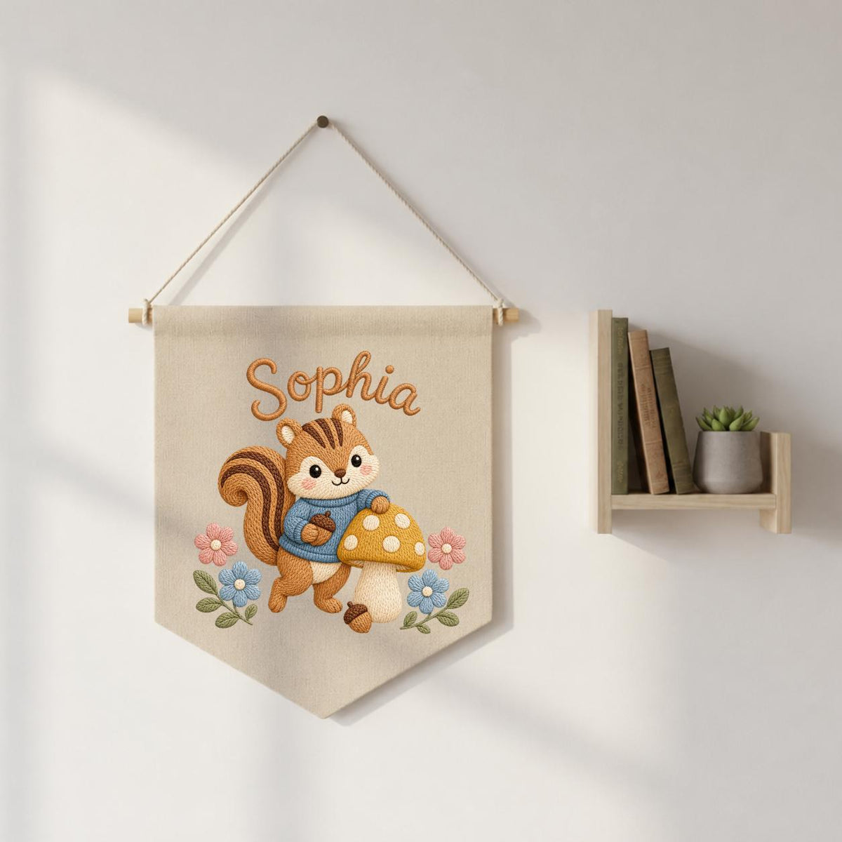 Personalized Embroidered Squirrel Name Banner, Woodland Nursery Wall Hanging