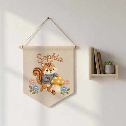 Personalized Embroidered Squirrel Name Banner, Woodland Nursery Wall Hanging