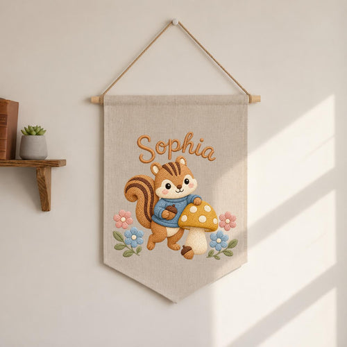 Personalized Embroidered Squirrel Name Banner, Woodland Nursery Wall Hanging