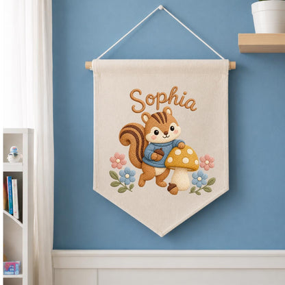 Personalized Embroidered Squirrel Name Banner, Woodland Nursery Wall Hanging