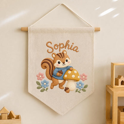 Personalized Embroidered Squirrel Name Banner, Woodland Nursery Wall Hanging