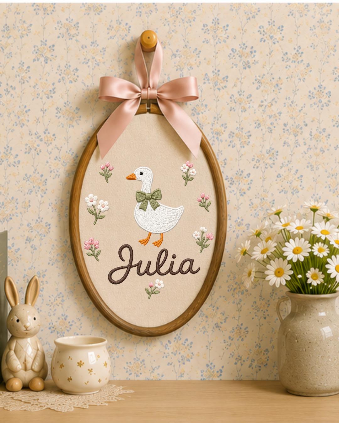 Personalized Goose Embroidery Hoop, Custom Baby Name Ornament, Floral Nursery Wall Decor, Baby Girl Room Decor, Newborn Gift