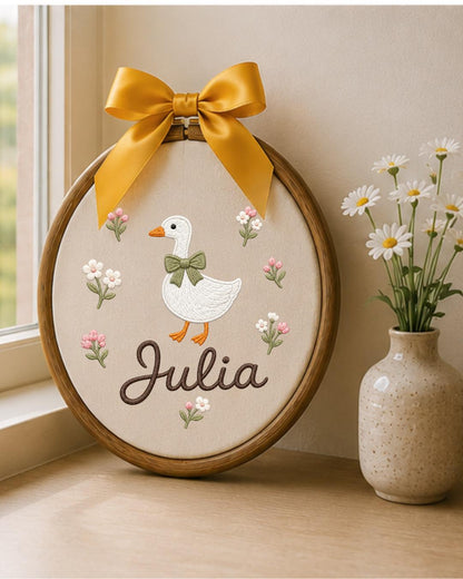 Personalized Goose Embroidery Hoop, Custom Baby Name Ornament, Floral Nursery Wall Decor, Baby Girl Room Decor, Newborn Gift