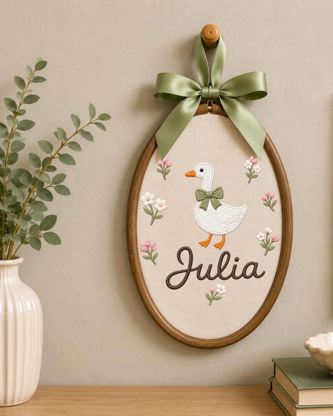Personalized Goose Embroidery Hoop, Custom Baby Name Ornament, Floral Nursery Wall Decor, Baby Girl Room Decor, Newborn Gift