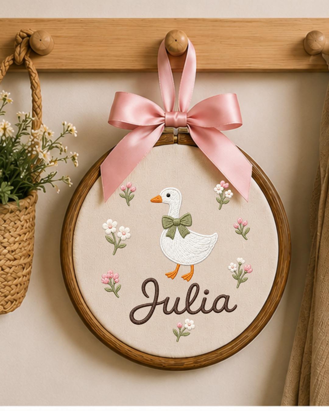 Personalized Goose Embroidery Hoop, Custom Baby Name Ornament, Floral Nursery Wall Decor, Baby Girl Room Decor, Newborn Gift
