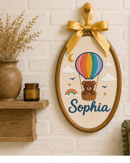 Personalized Teddy Bear Embroidery Hoop, Custom Baby Name Ornament, Hot Air Balloon Nursery Decor, Baby Shower Gift, Newborn Keepsake