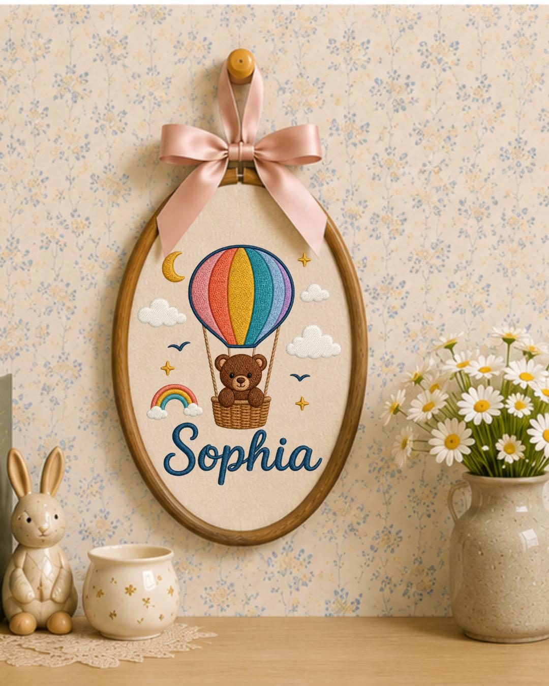 Personalized Teddy Bear Embroidery Hoop, Custom Baby Name Ornament, Hot Air Balloon Nursery Decor, Baby Shower Gift, Newborn Keepsake