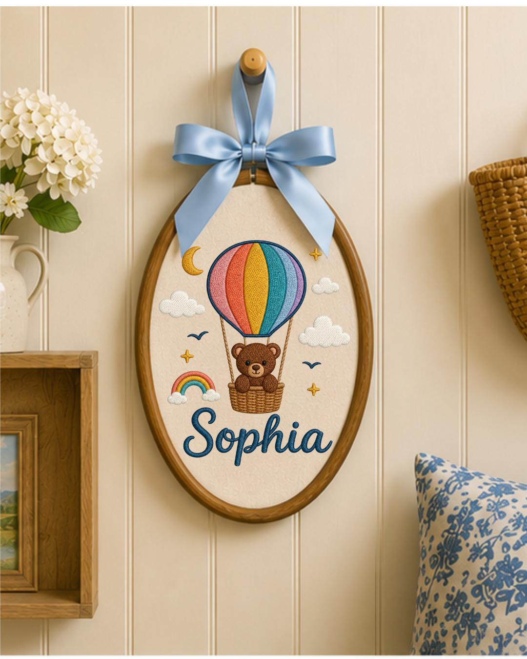 Personalized Teddy Bear Embroidery Hoop, Custom Baby Name Ornament, Hot Air Balloon Nursery Decor, Baby Shower Gift, Newborn Keepsake