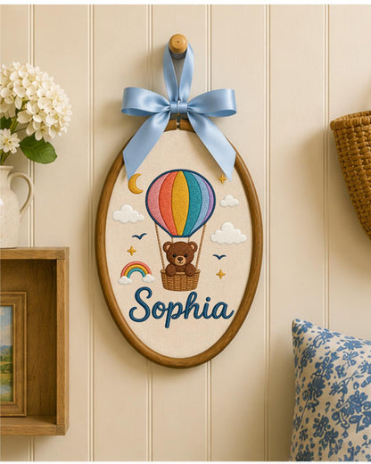 Personalized Teddy Bear Embroidery Hoop, Custom Baby Name Ornament, Hot Air Balloon Nursery Decor, Baby Shower Gift, Newborn Keepsake