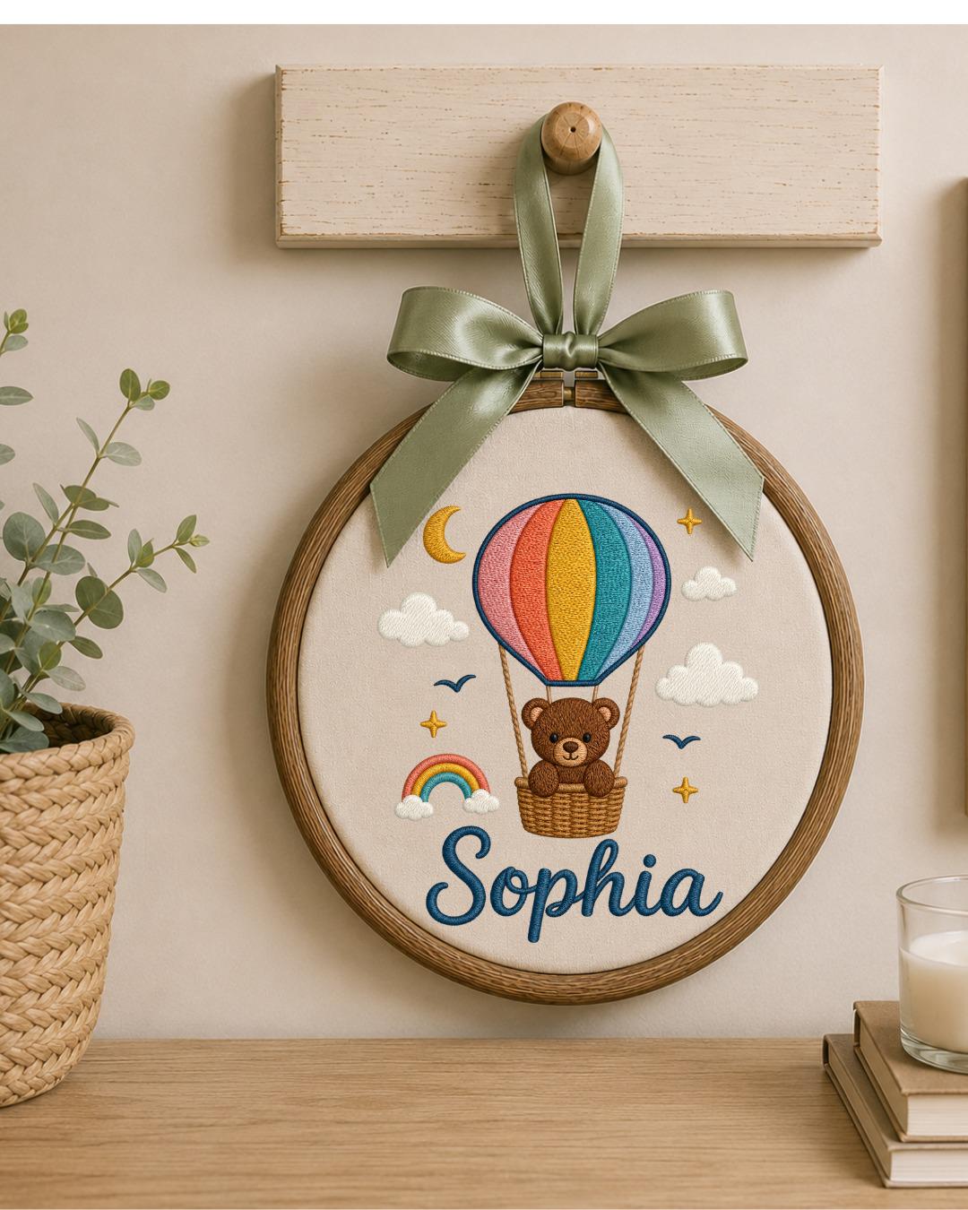 Personalized Teddy Bear Embroidery Hoop, Custom Baby Name Ornament, Hot Air Balloon Nursery Decor, Baby Shower Gift, Newborn Keepsake