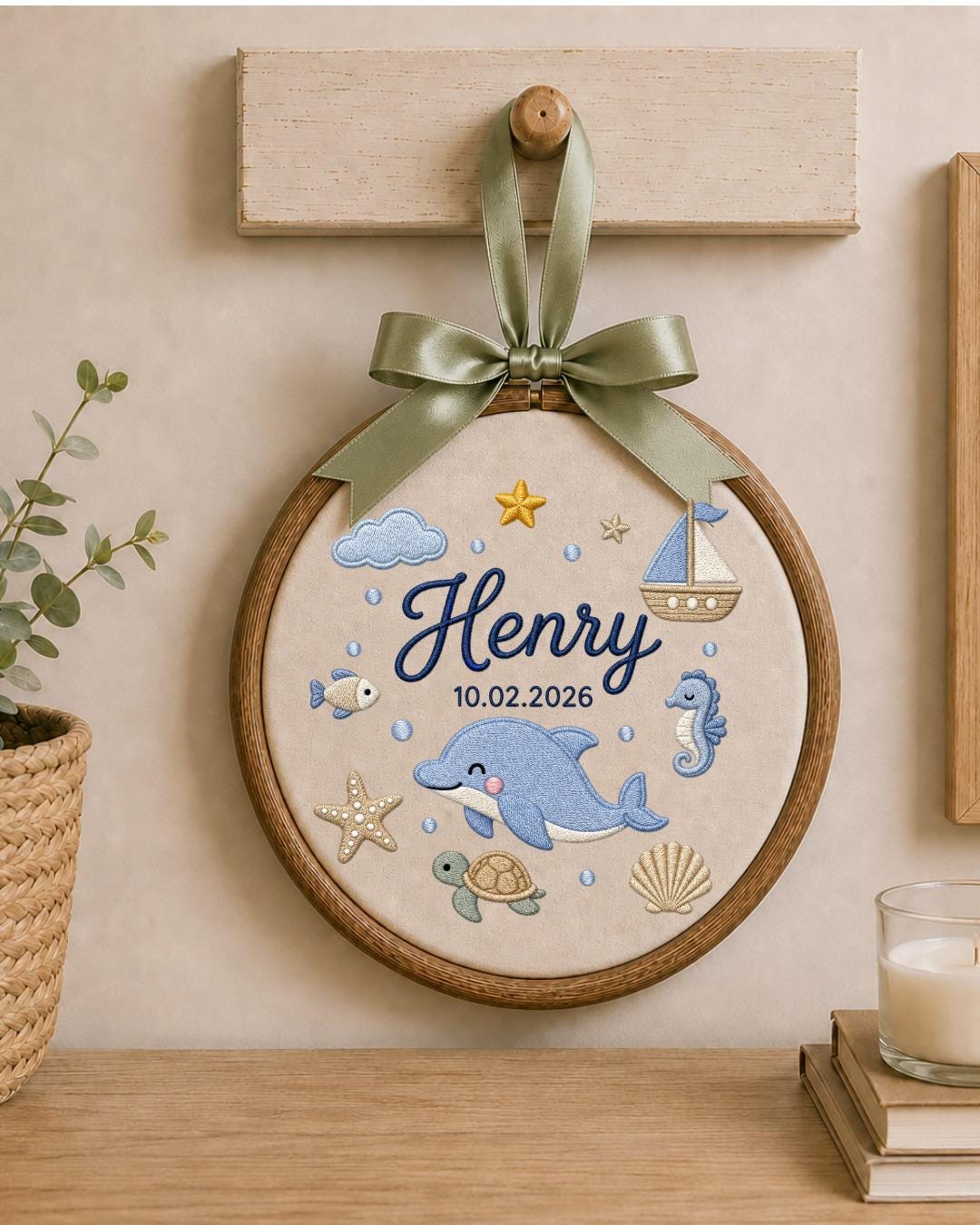 Personalized Dolphin Embroidery Hoop, Custom Baby Name and Birth Date Ornament, Ocean Nursery Wall Decor, Baby Boy Gift, Newborn Keepsake
