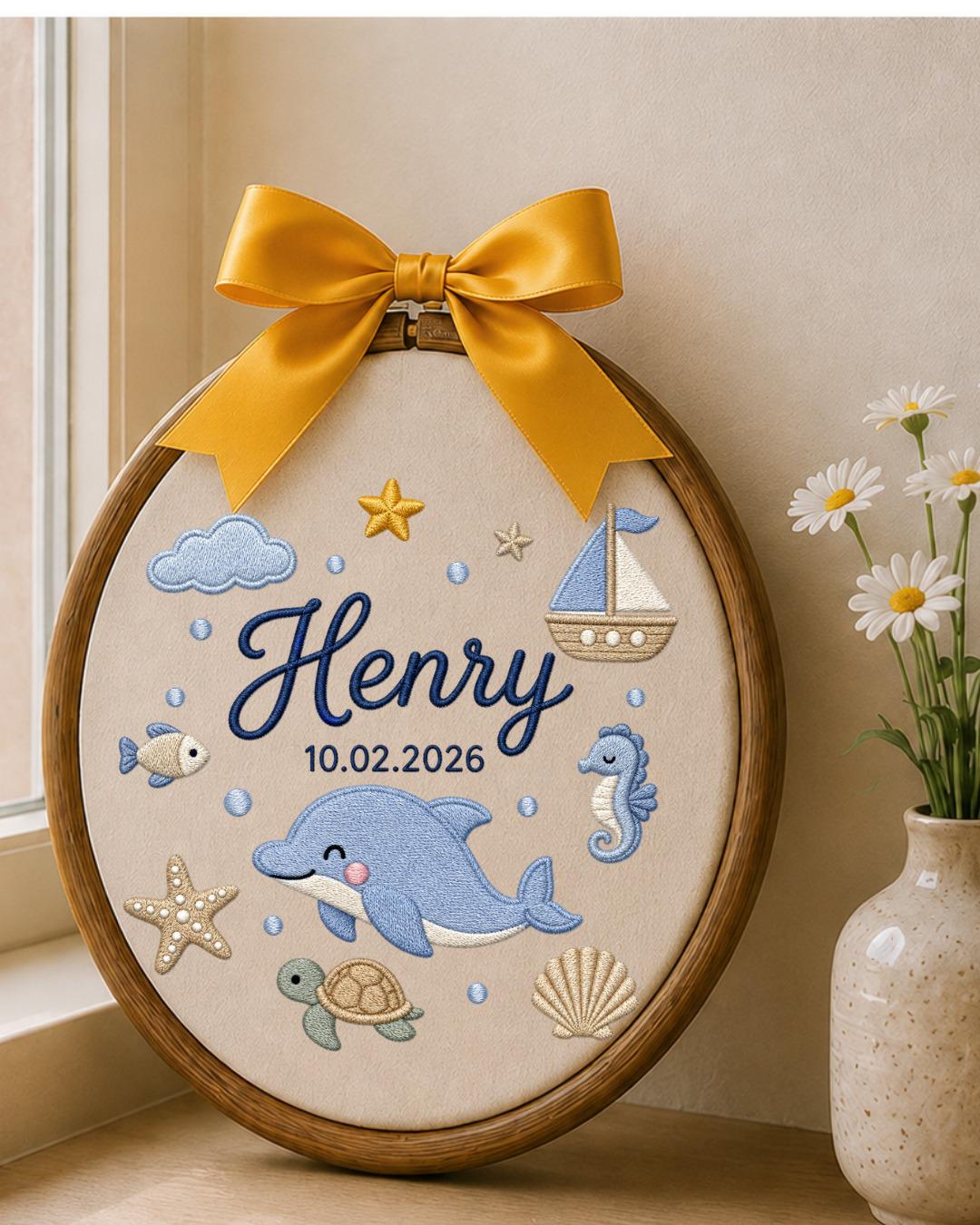 Personalized Dolphin Embroidery Hoop, Custom Baby Name and Birth Date Ornament, Ocean Nursery Wall Decor, Baby Boy Gift, Newborn Keepsake