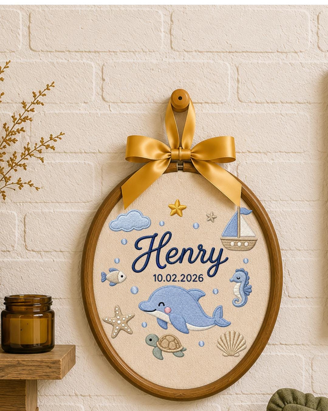 Personalized Dolphin Embroidery Hoop, Custom Baby Name and Birth Date Ornament, Ocean Nursery Wall Decor, Baby Boy Gift, Newborn Keepsake