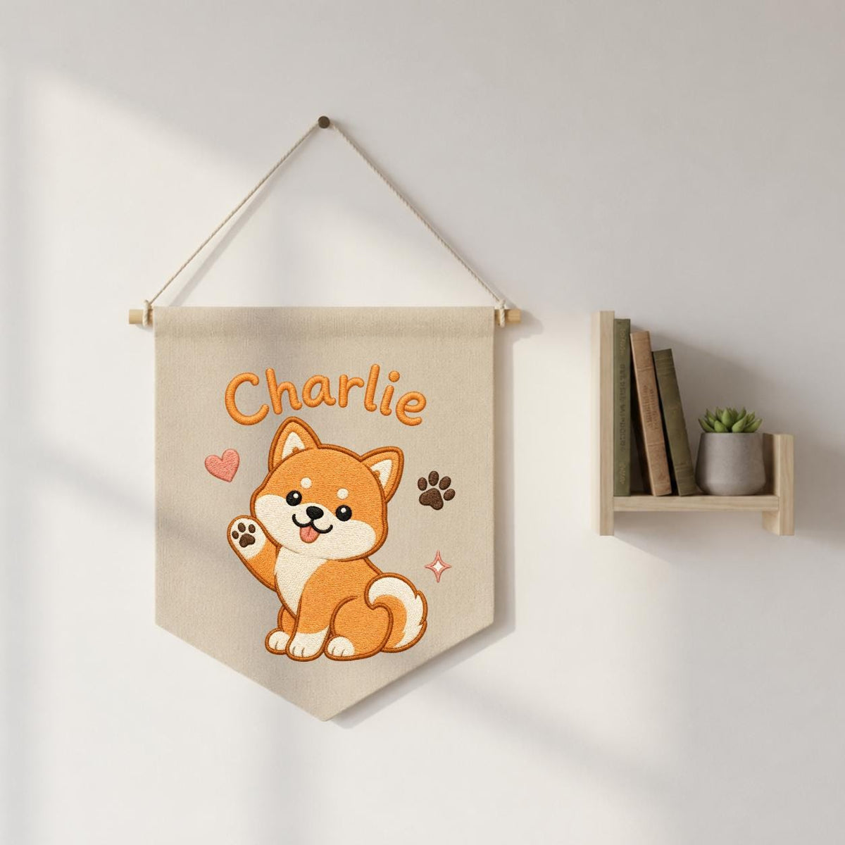 Personalized Embroidered Shiba Inu Banner, Custom Name Nursery Decor