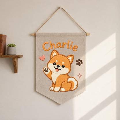 Personalized Embroidered Shiba Inu Banner, Custom Name Nursery Decor
