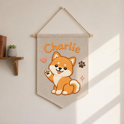 Personalized Embroidered Shiba Inu Banner, Custom Name Nursery Decor