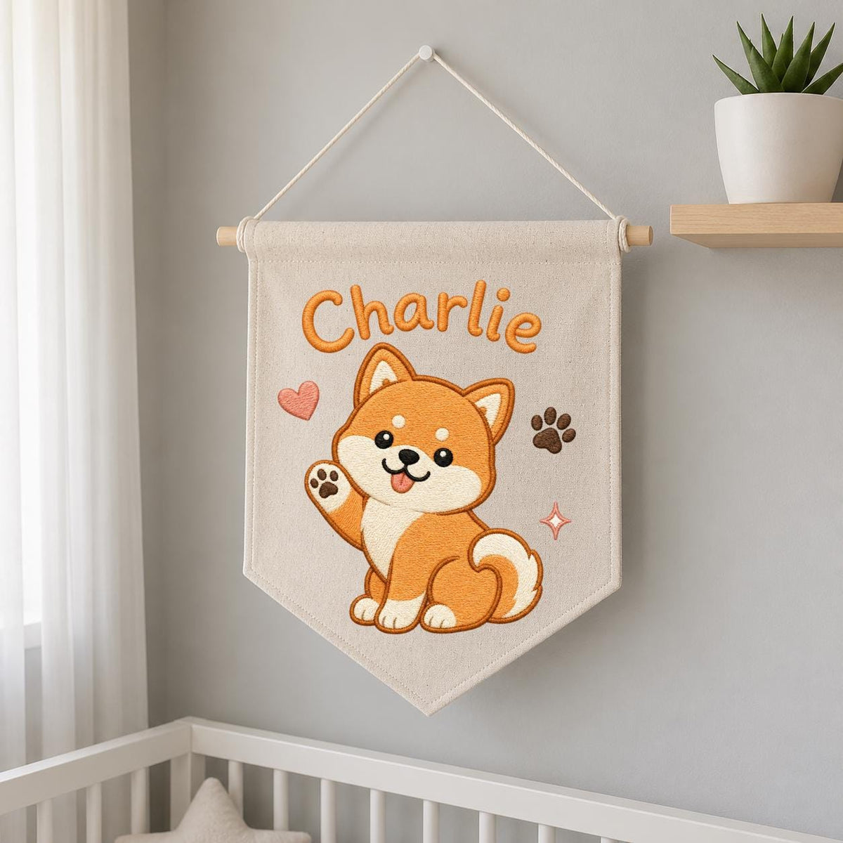 Personalized Embroidered Shiba Inu Banner, Custom Name Nursery Decor
