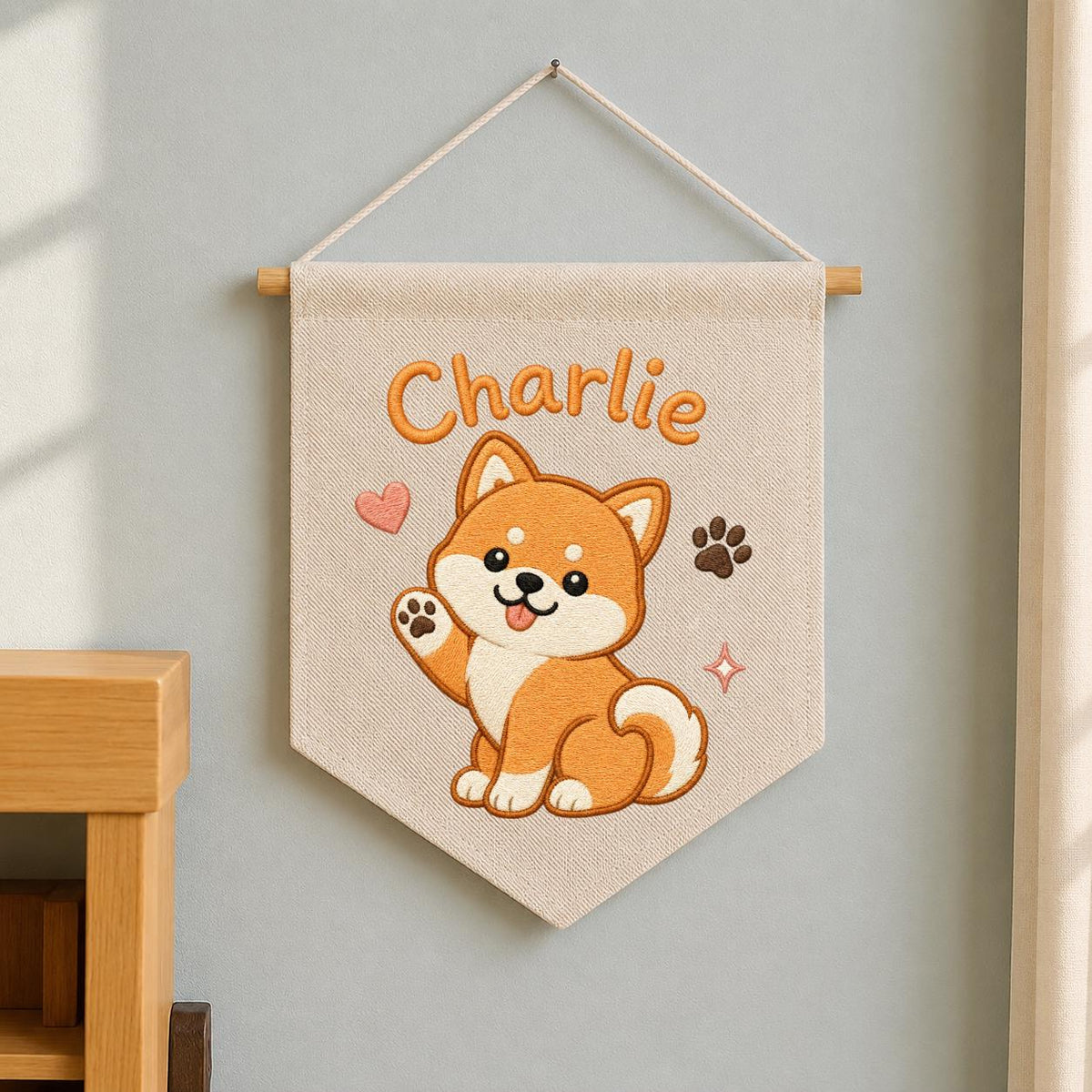 Personalized Embroidered Shiba Inu Banner, Custom Name Nursery Decor